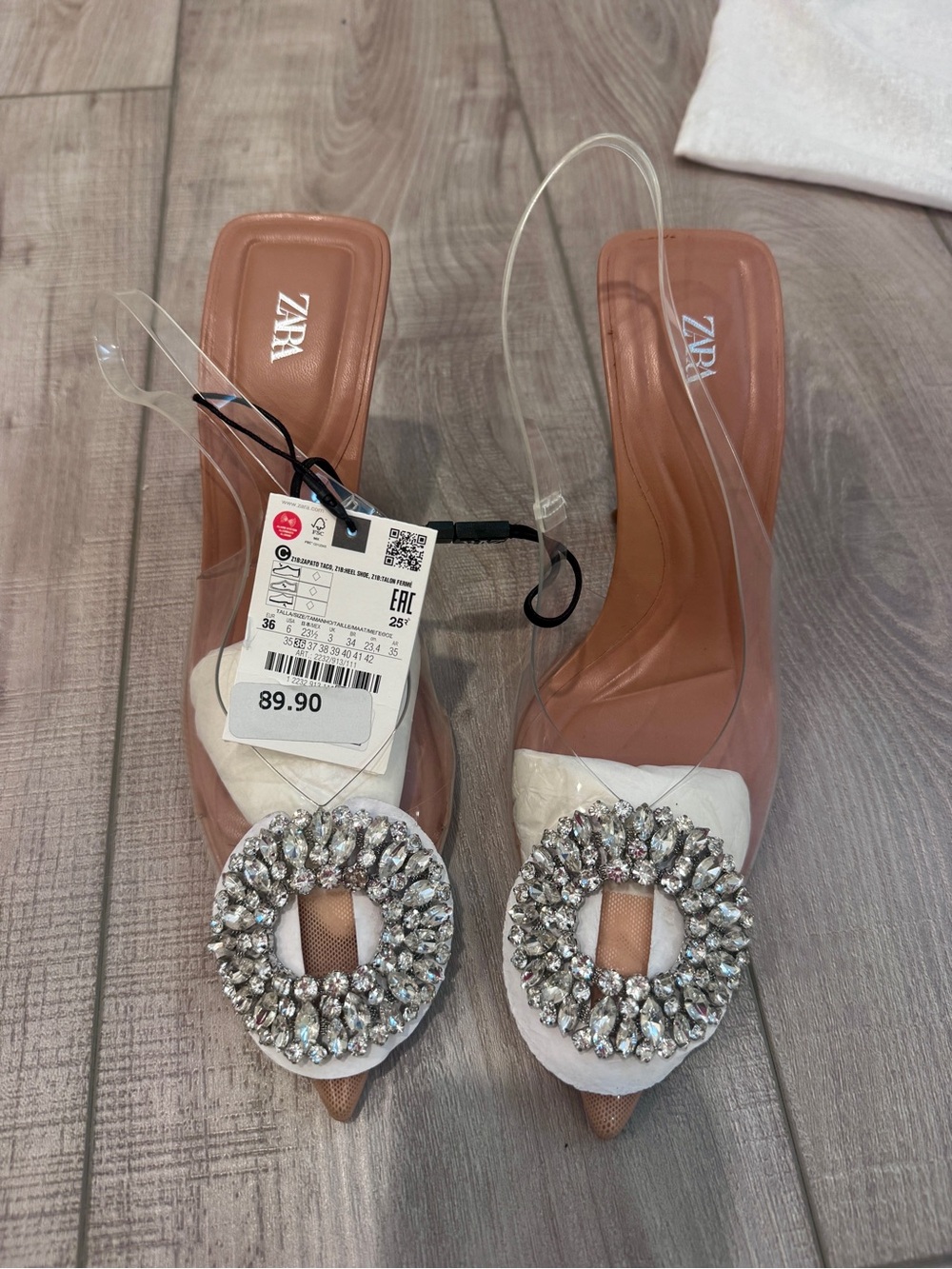 Zara White Jewel-Embellished Clear-Strap Heels
